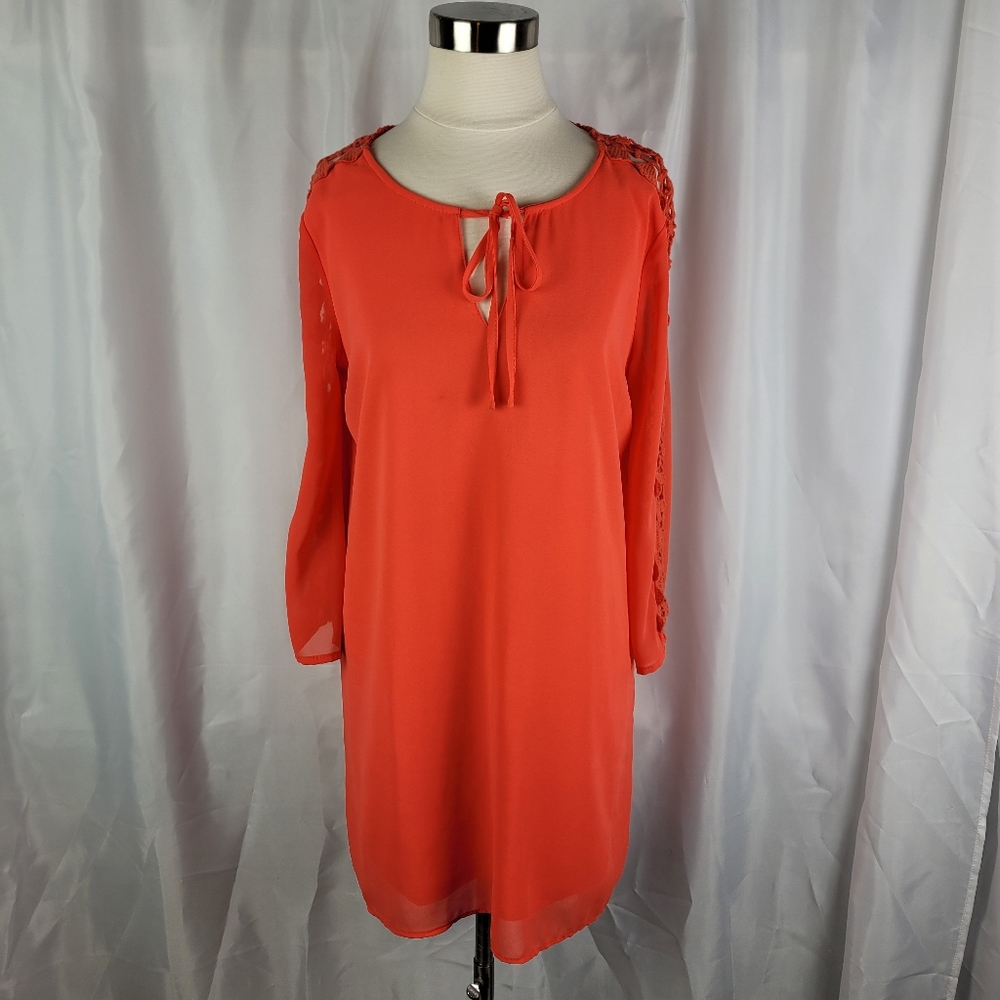 Umgee Orange Crochet Sleeve Keyhole Tie Neck Womens Tunic Shift Dress Size Small